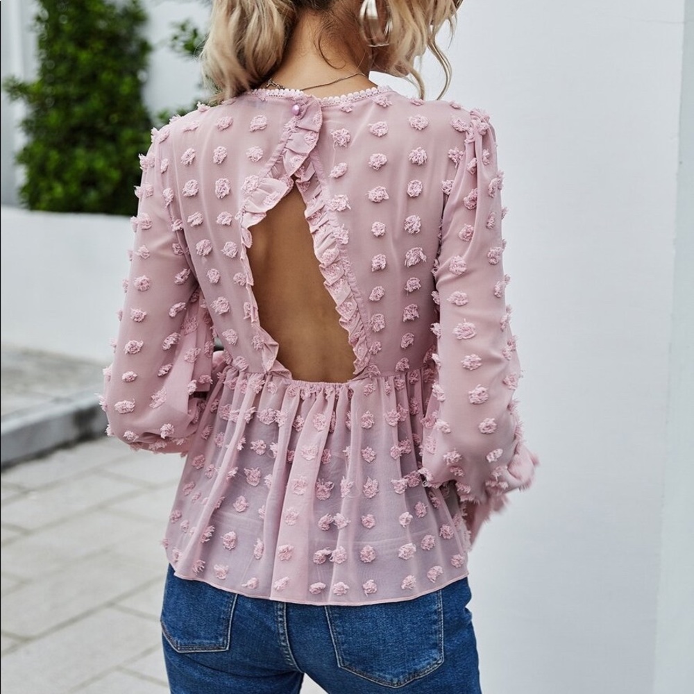 Blush dot open back Peplum Blouse - Picture 5 of 7